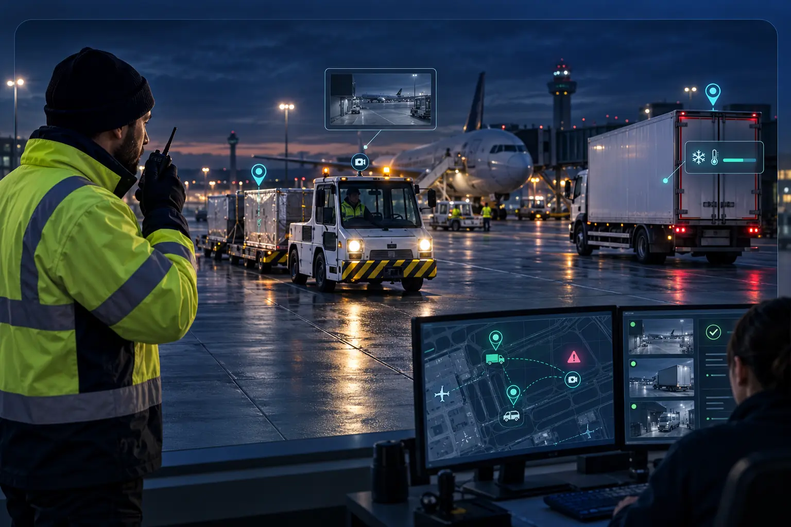 Connected airport and logistics operation with asset tracking, critical communications, video evidence and live control visibility