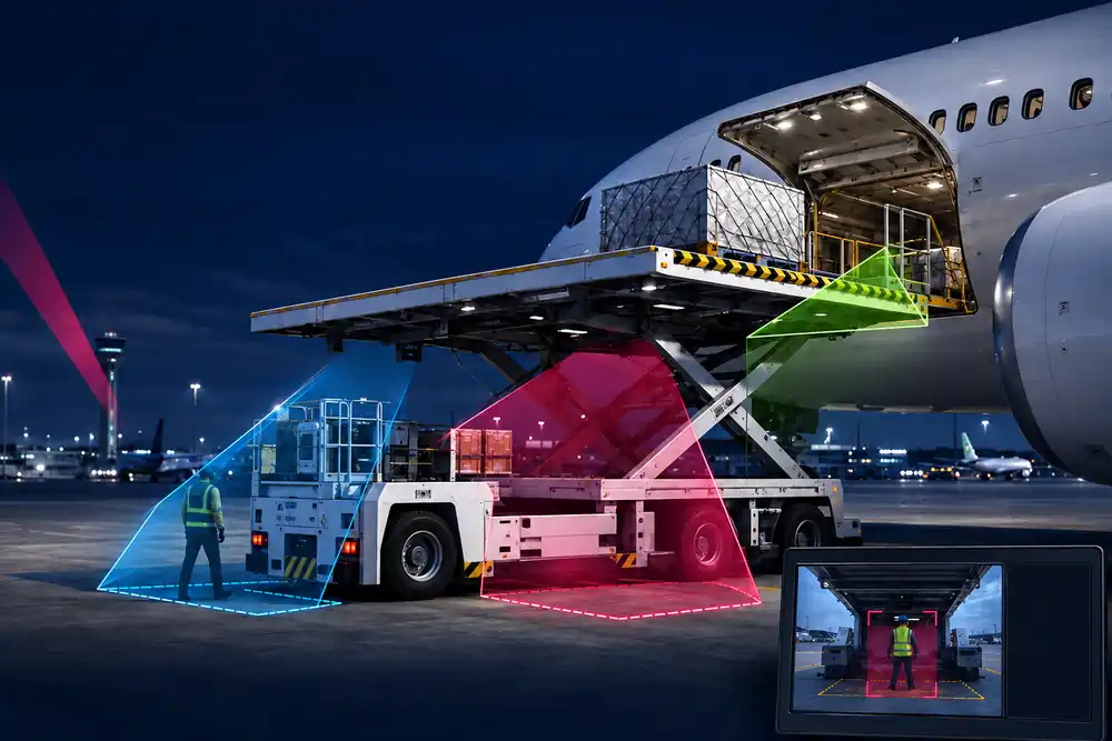Three AI people detection zones on an FMC high loader: front bed, under the moving rear platform and platform end