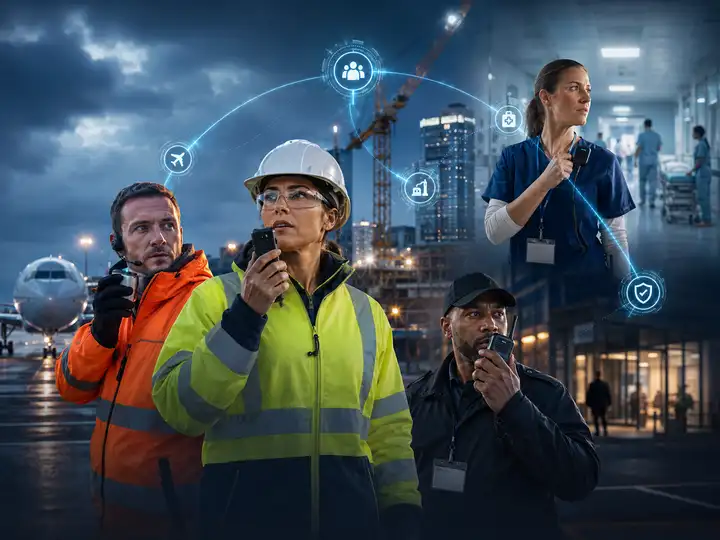 Aviation, construction, healthcare and security teams connected by push-to-talk