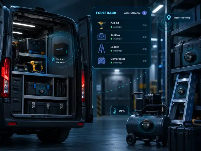 BLE tagged tools and equipment tracked across a service van and indoor storage, including temperature monitoring