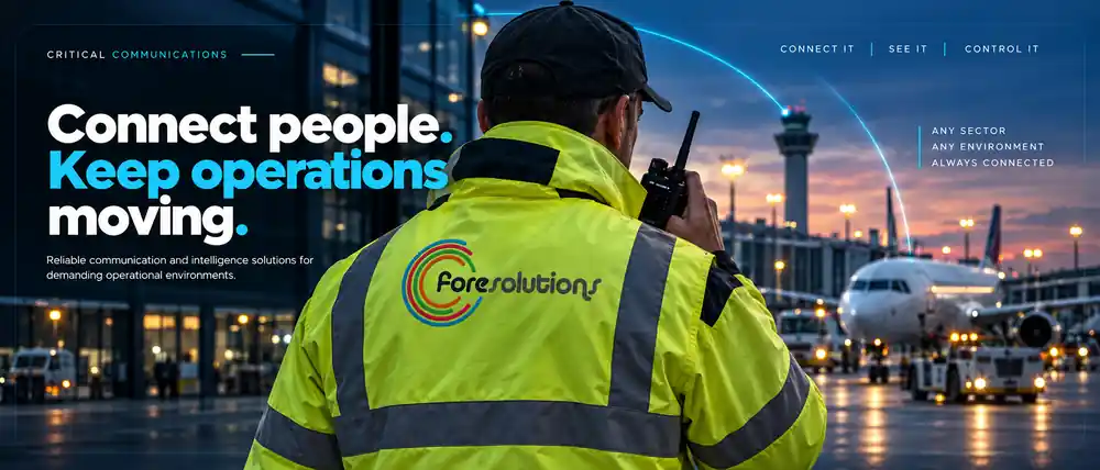 Foresolutions Critical Communications hero showing an airport operations worker using a two-way radio beside an aircraft.
