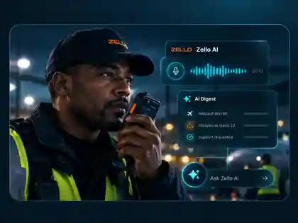 Frontline worker using Zello AI with an AI Digest operational insight interface