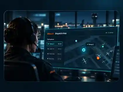 Zello Dispatch Hub control room showing an operational airport map and live call queue
